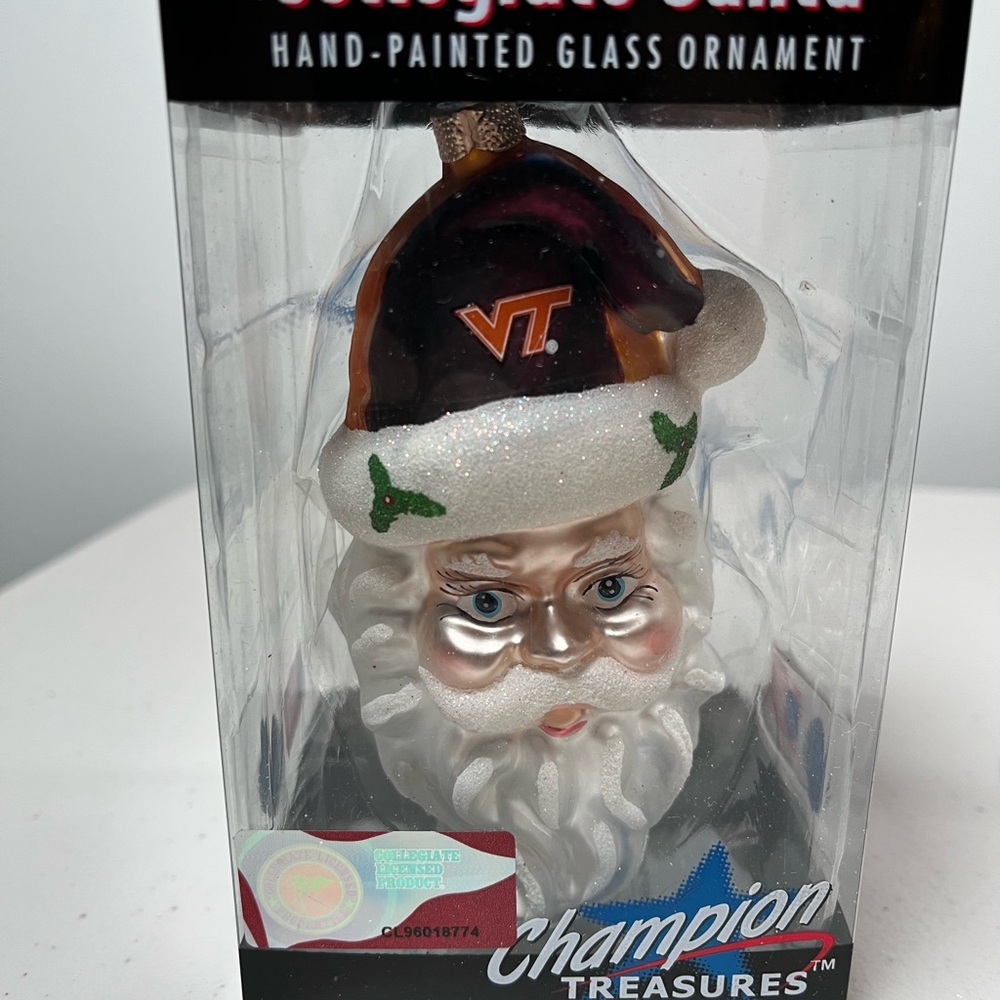 Virginia Tech Collegiate Santa hand painted Glass Ornament 5”